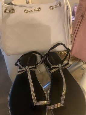 BAMBOO Black Rhinestone T-Strap Bow Sandals